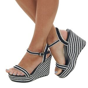 BP Black And Off White Open Toe Espadrille Wedges